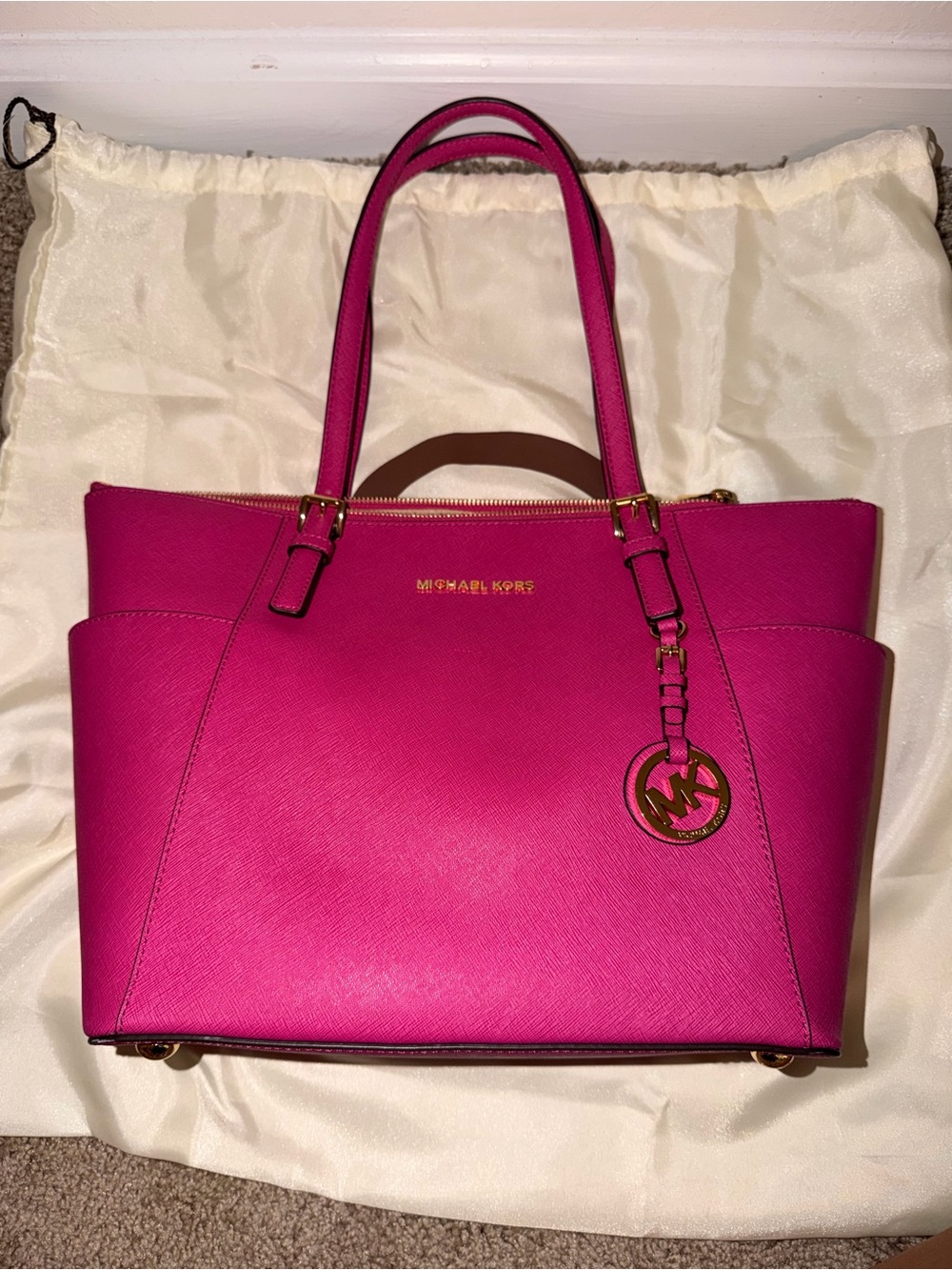Michael Kors Saffiano Leather Tote - Fuchsia Pink with Gold Hardware